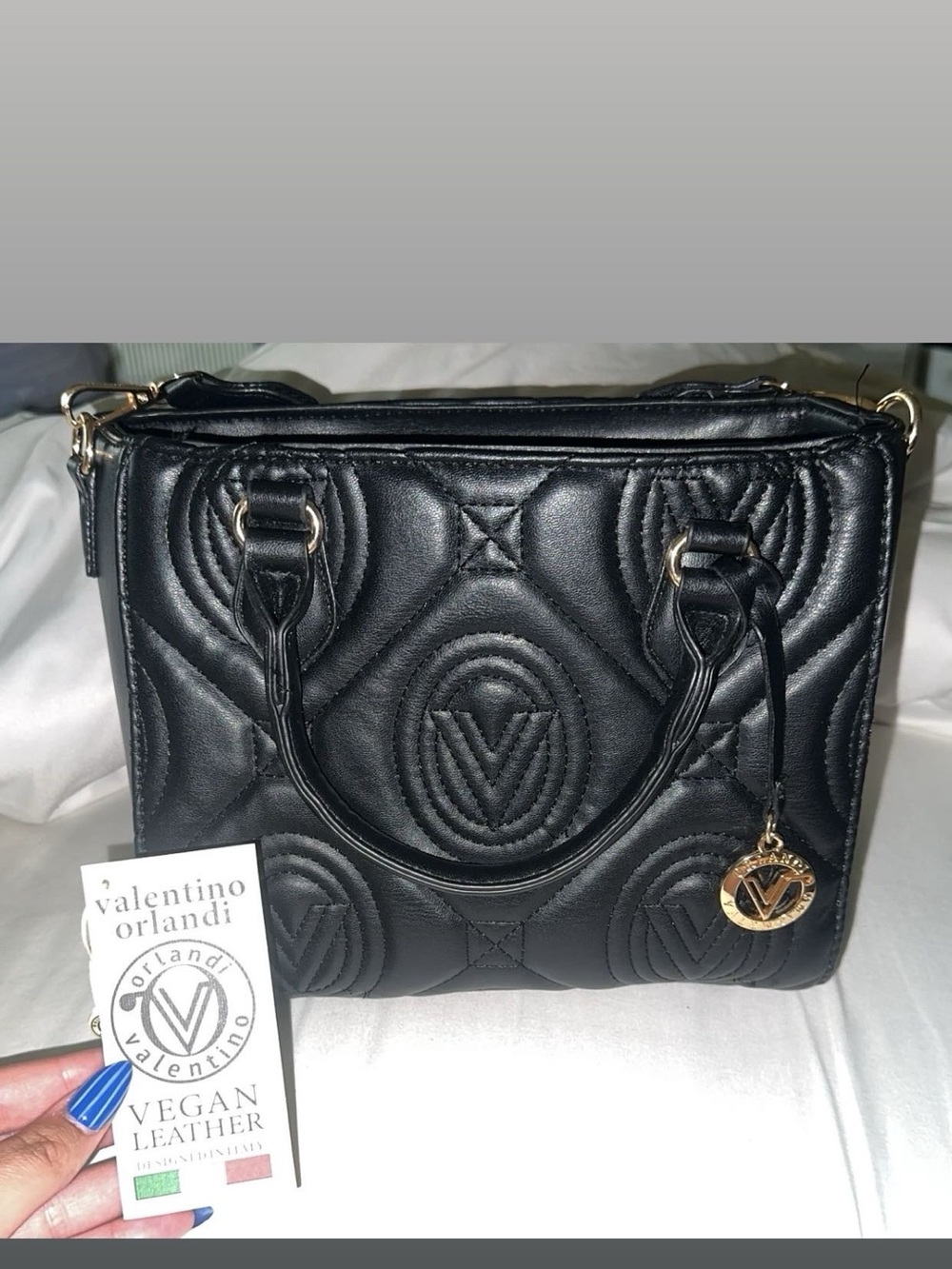 Valentino Orlandi Black Quilted Vegan Leather Satchel with Gold Accent Charm